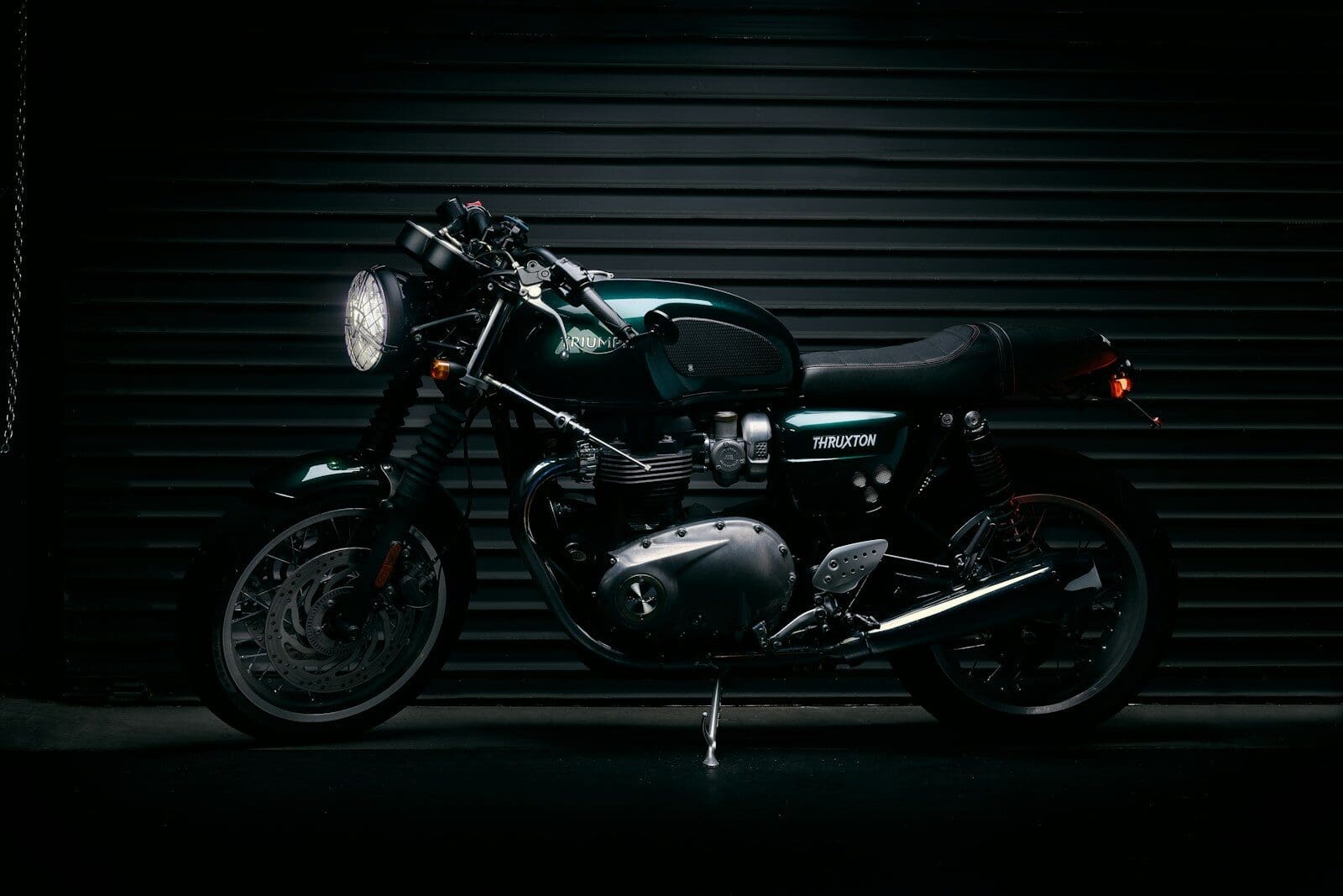 a motorcycle parked in a garage